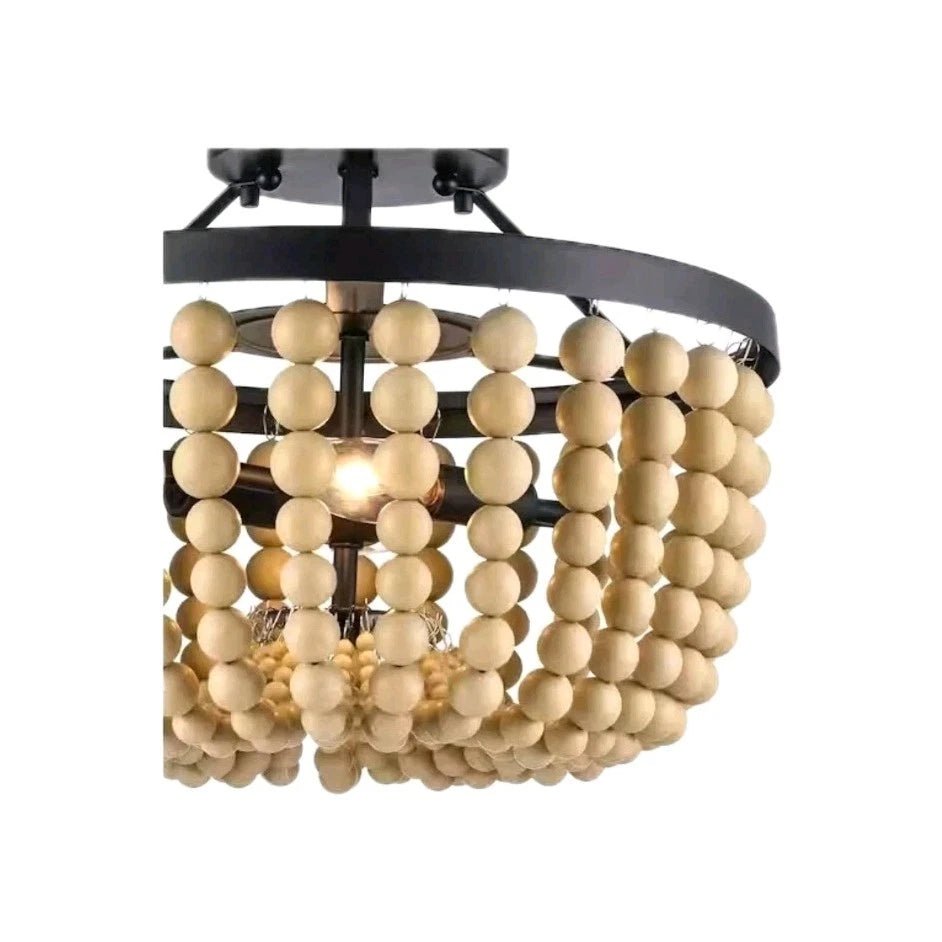 Hampton Bay Cayman 13 in. 2-Light Bronze and Faux Wood Beaded Semi-Flush Mount