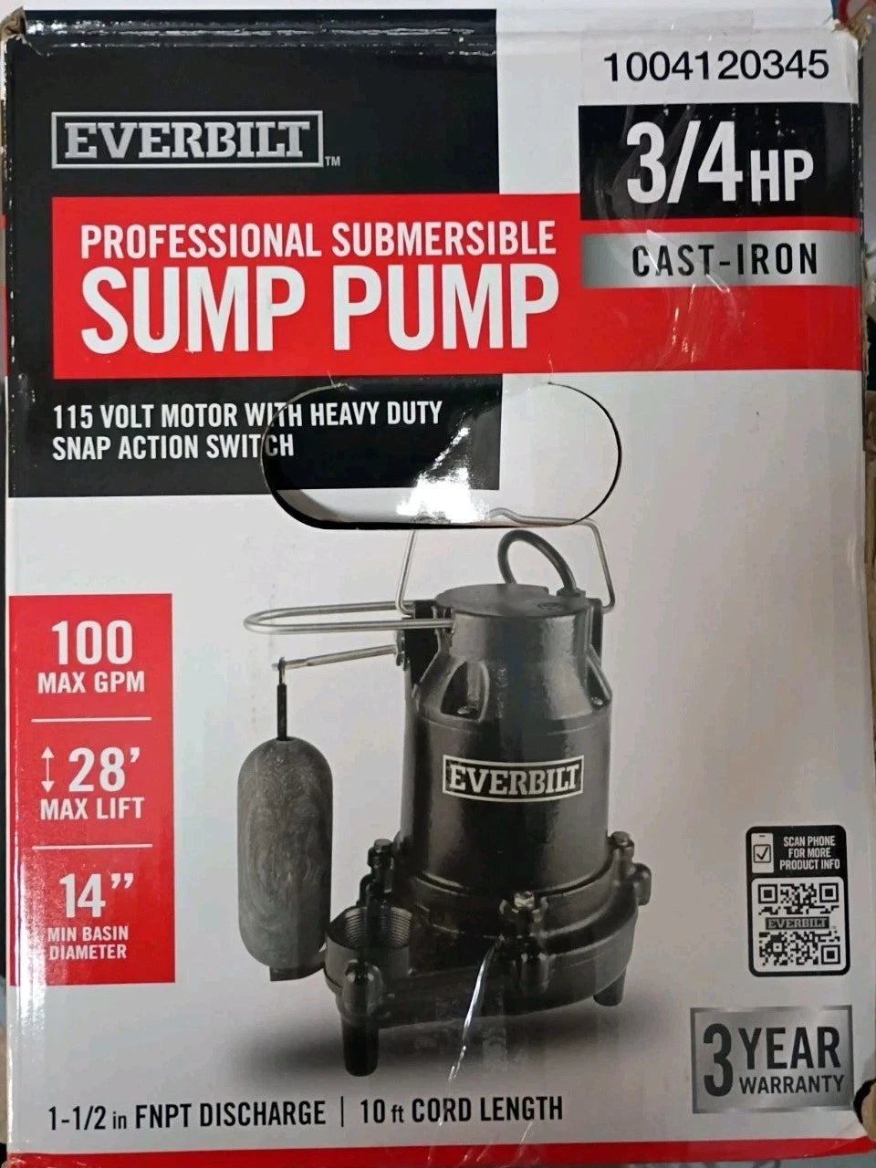 Everbilt 3/4HP Cast-Iron Pro-Grade Submersible Sump Pump 1004 120 345 Used
