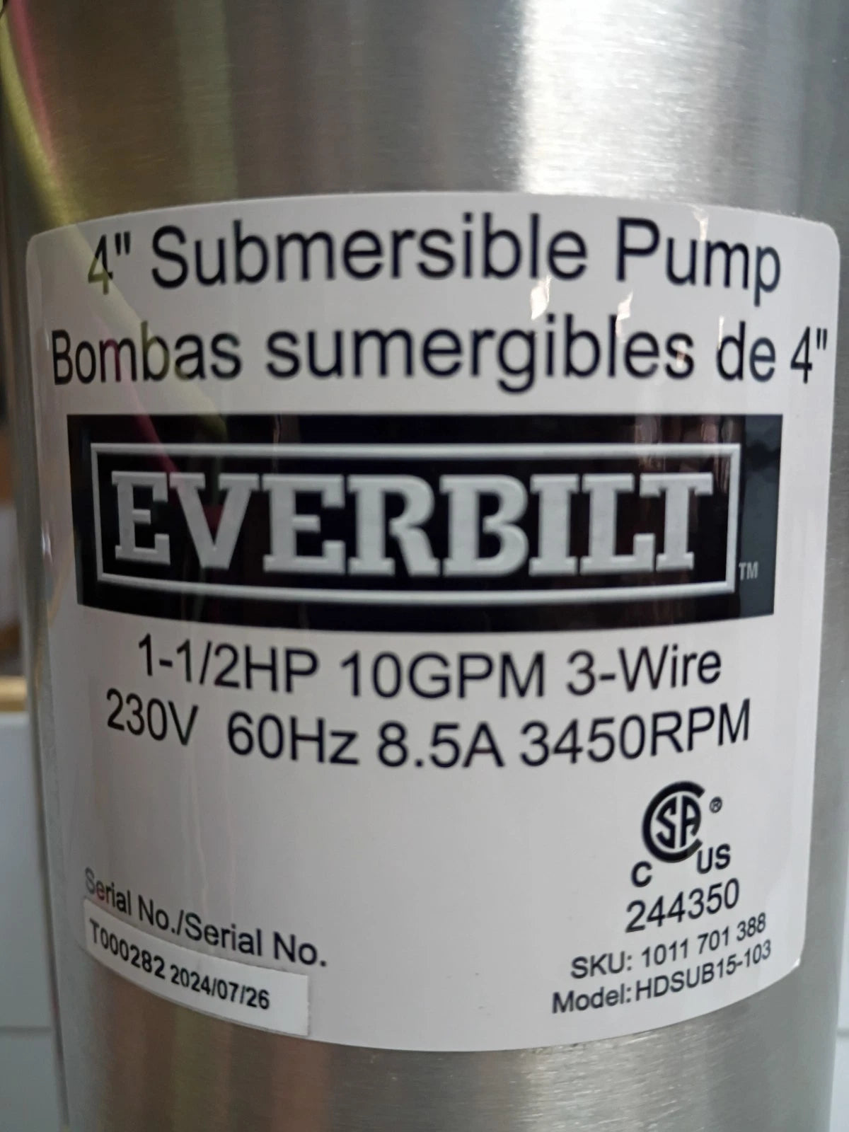 Everbilt 1-1/2 HP Submersible 3-Wire Well Pump 230v 10gpm 4" Open Box, Read