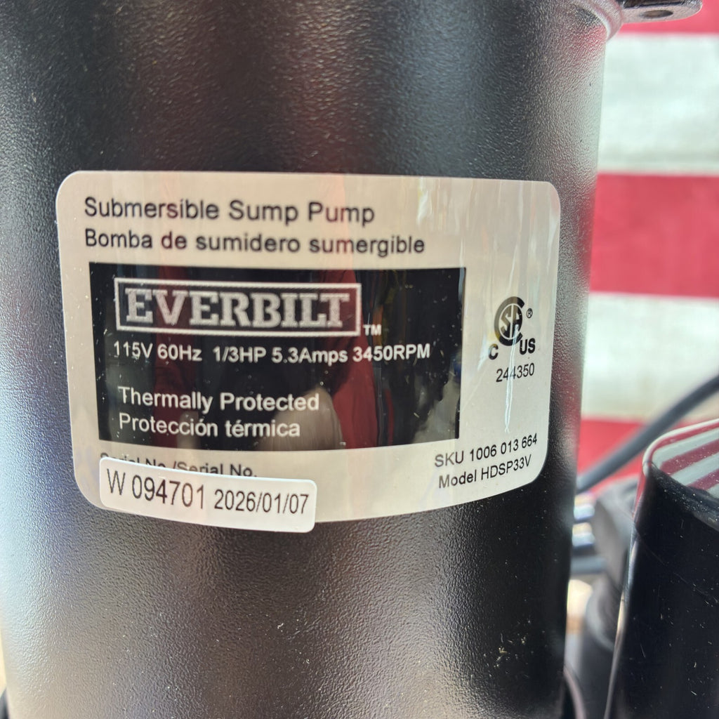 HDSP33V Everbilt 1/3 HP Aluminum Sump Pump Submersible  Vertical Switch Open Box