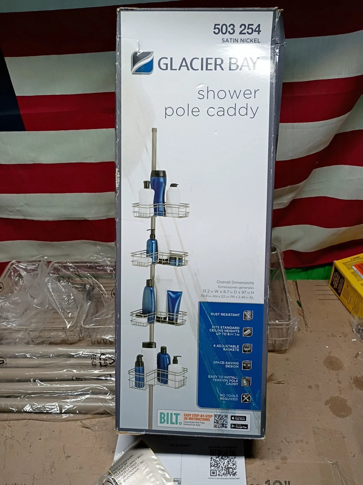 Glacier 2130NNHD Bay Tension Pole Corner Shower Caddy in Satin Nickel, Open Box,