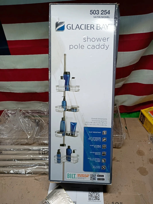 Glacier 2130NNHD Bay Tension Pole Corner Shower Caddy in Satin Nickel, Open Box,