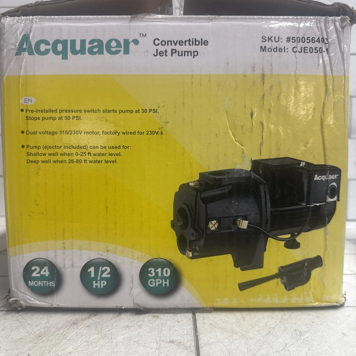 Acquaer CJE050-1 1/2 HP Cast Iron Convertible Jet Pump NEW Open Box