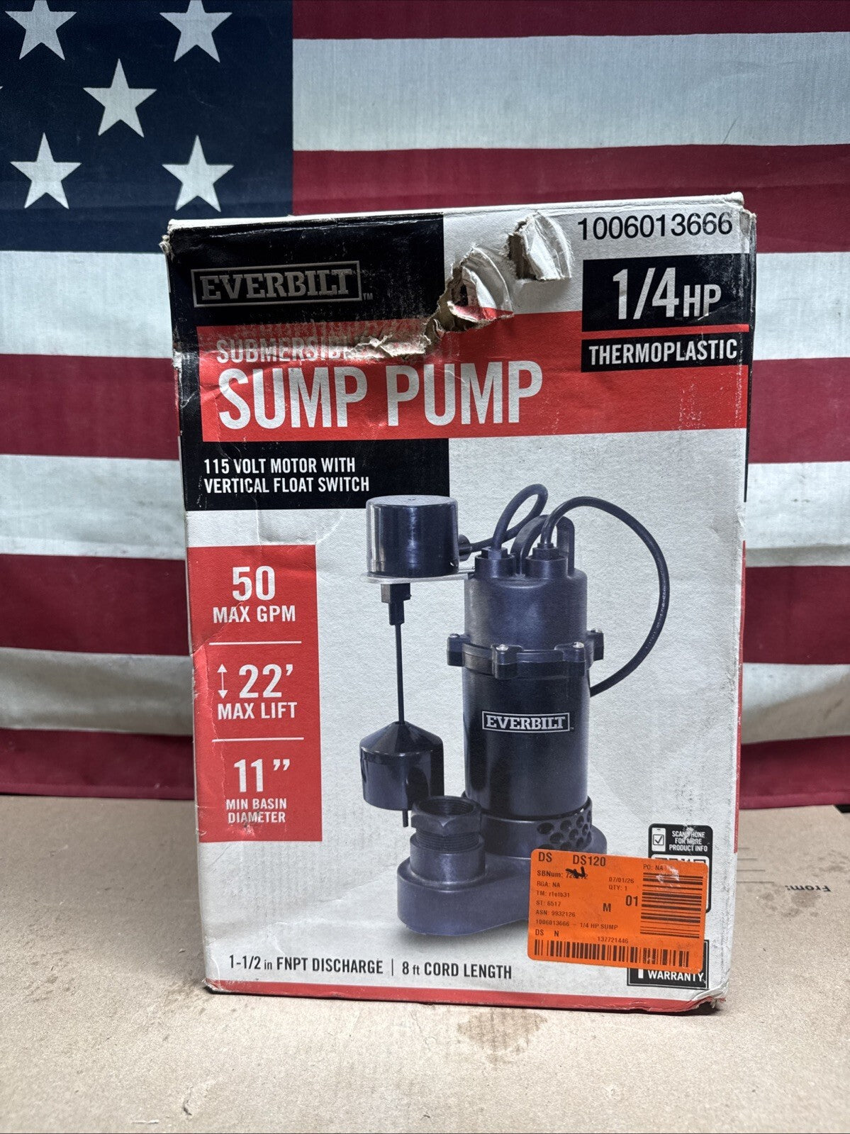 Everbilt HDSP25V 1/4 HP Aluminum Submersible Sump Pump Vertical Switch Open Box