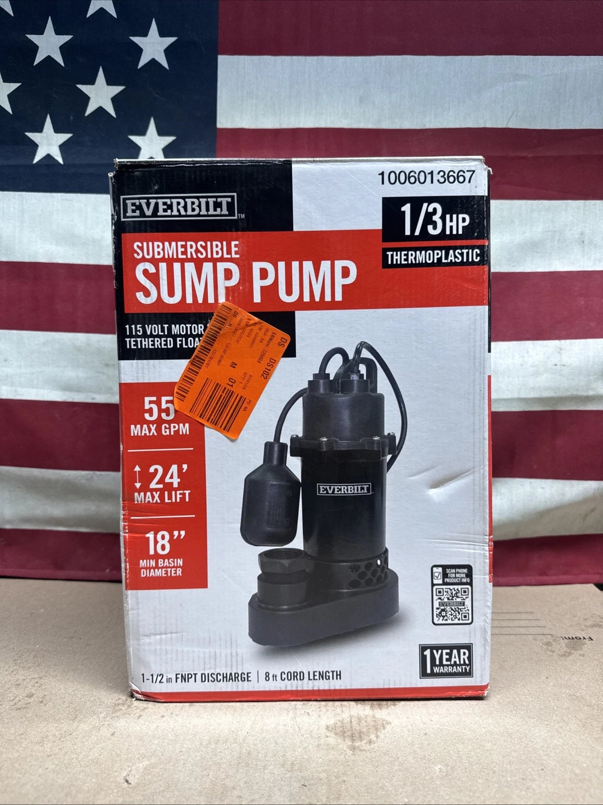 Everbilt 1/3 HP Corrosion Resistant Aluminum Sump Pump w/ Tether Switch NEW OB.