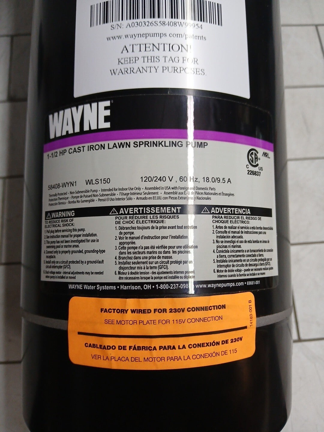 Wayne WLS150 1-1/2HP 230V Cast iron Lawn Irrigation Sprinkler pump New Open Box