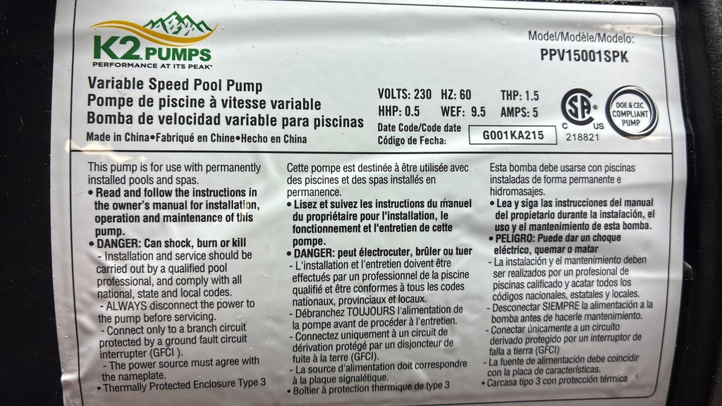 K2 PPV15001SPK Pumps 1.5 HP Variable Speed Pool Pump 95GPM 230V (OB)