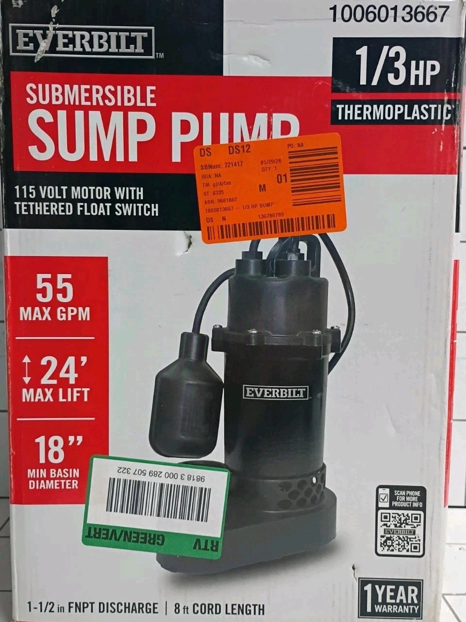 Everbilt 1/3 HP Corrosion Resistant Aluminum Sump Pump w/ Tether Switch OB