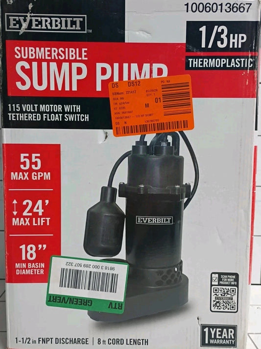 Everbilt 1/3 HP Corrosion Resistant Aluminum Sump Pump w/ Tether Switch OB