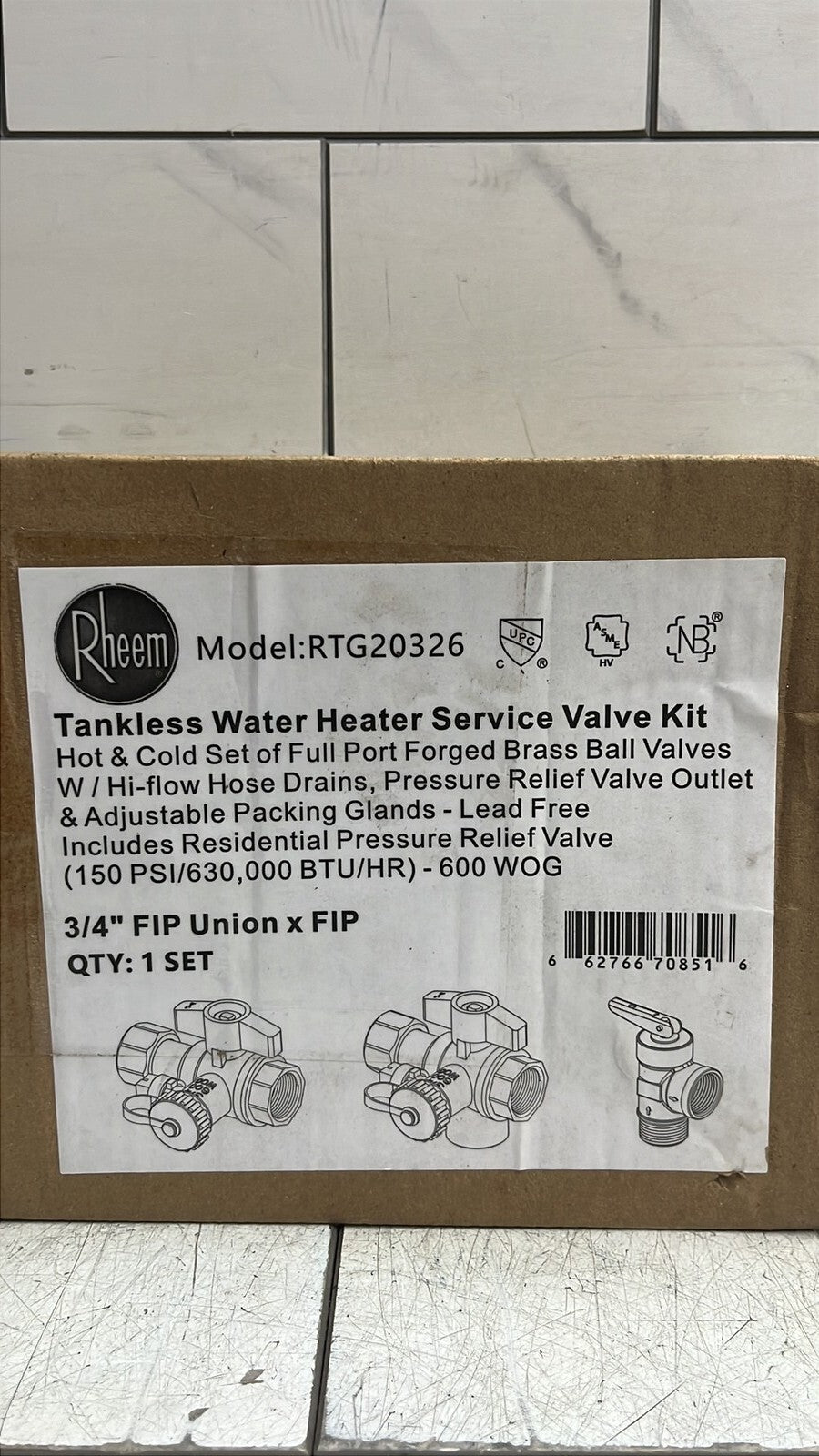 Rheem RTG20326 Brass Service Valve Kit 3/4" FIP Union x FIP, OB