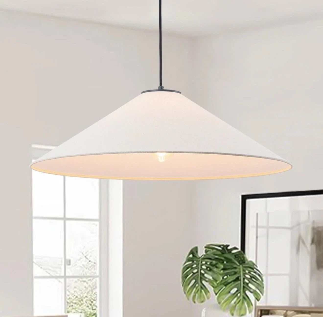 1-Light 25 Inch Large White Linen Shallow Conicle Cage Pendant