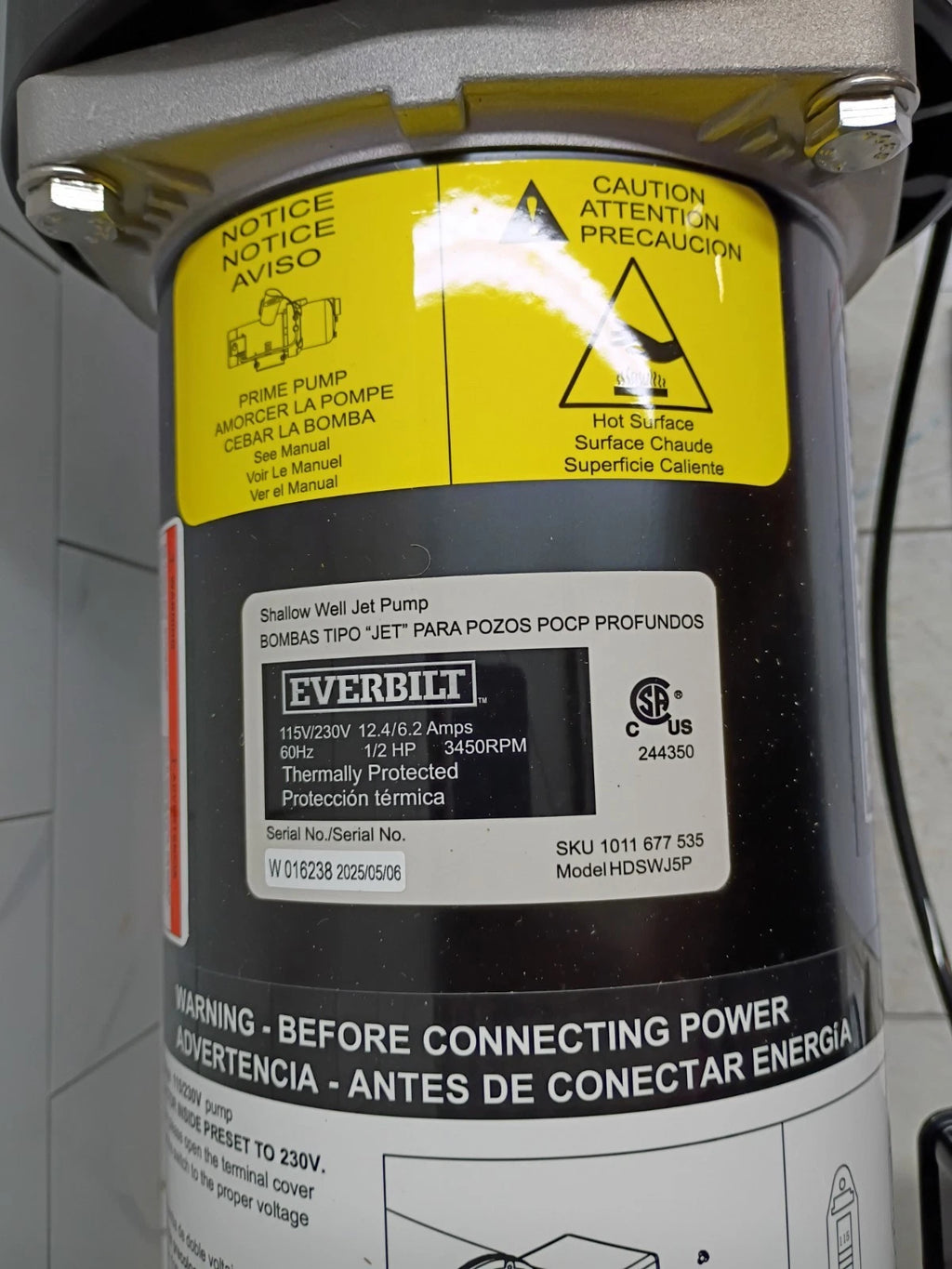 Everbilt HDSWJ5P1/2 HP Shallow Well Jet Pump Open Box