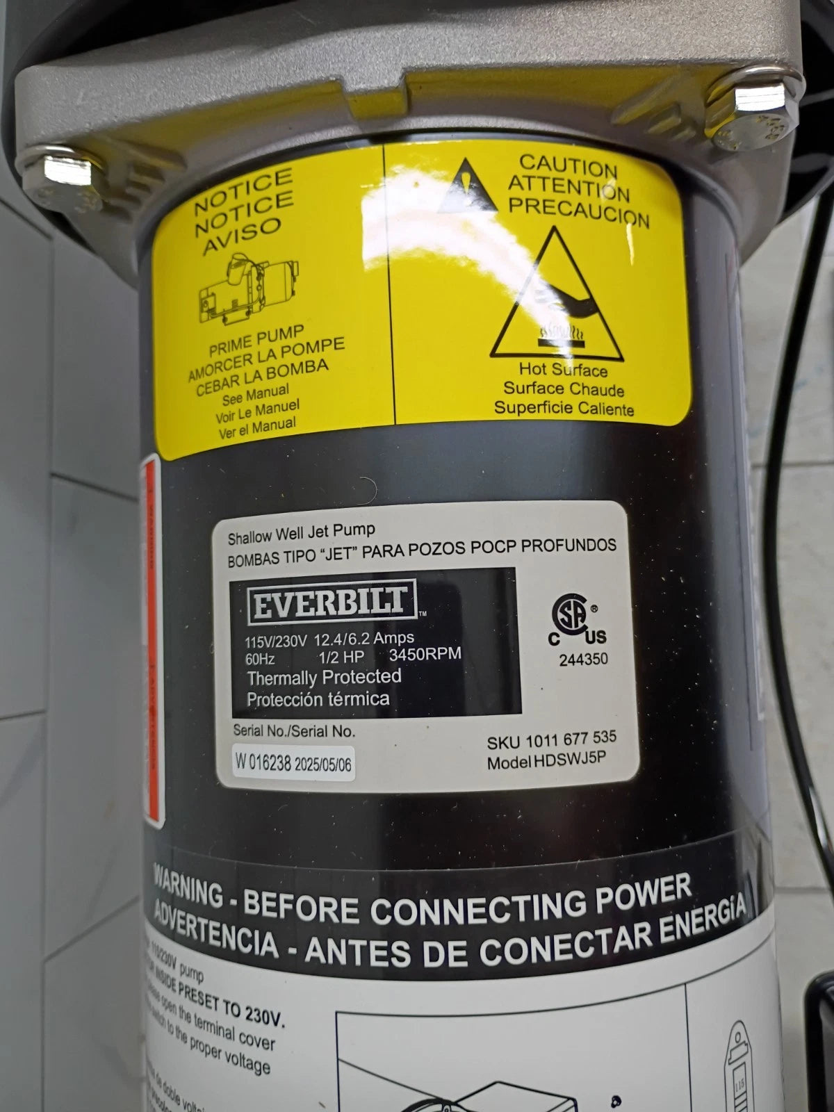 Everbilt HDSWJ5P1/2 HP Shallow Well Jet Pump Open Box