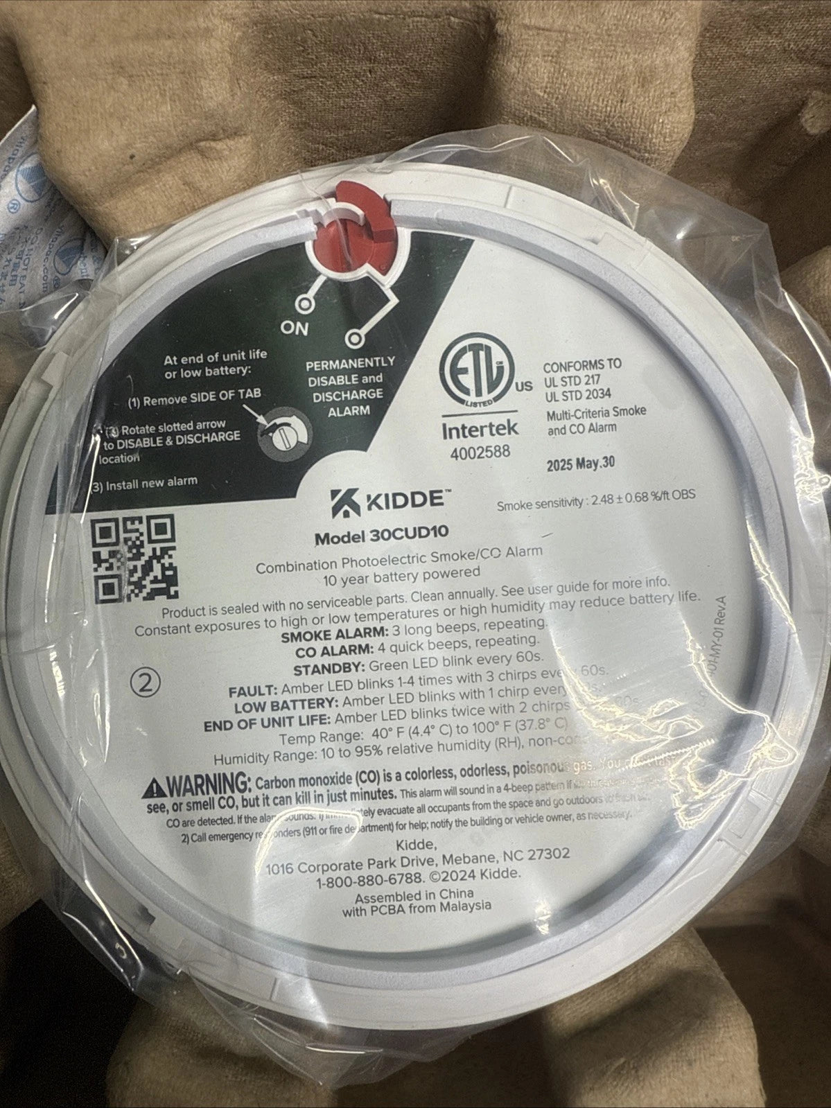 Kidde Smoke & CO Detector, 10-Year Battery, LED Warning Indicators 30CUD10. 2025