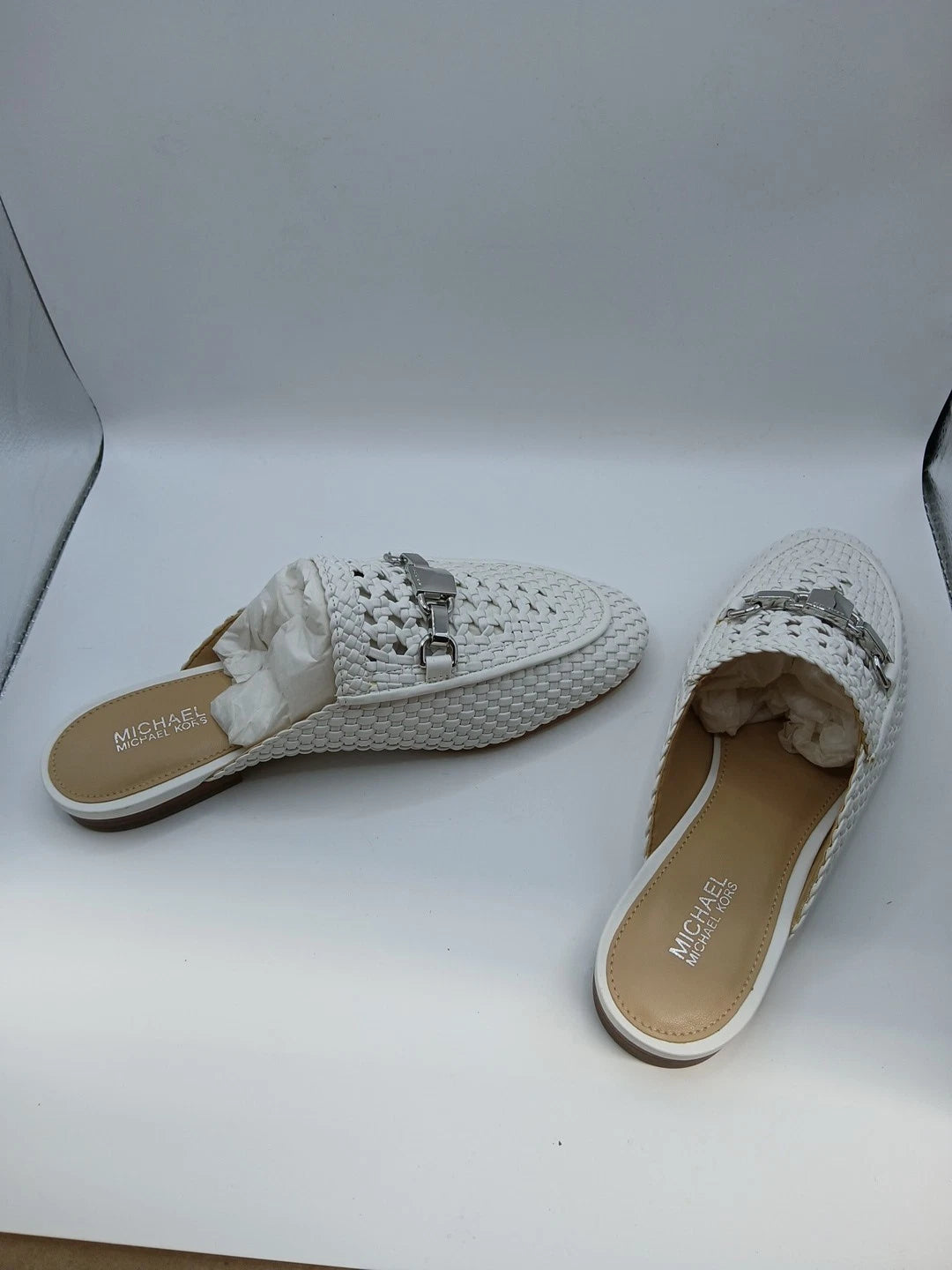 Michael Kors Charlton Woven Mule Slides Optic White Leather Loafer Size 5M