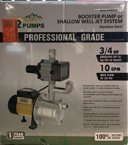 K2 Pumps Automatic Booster Pump 3/4 Hp Lead Free Stainless Steel 115V For Parts