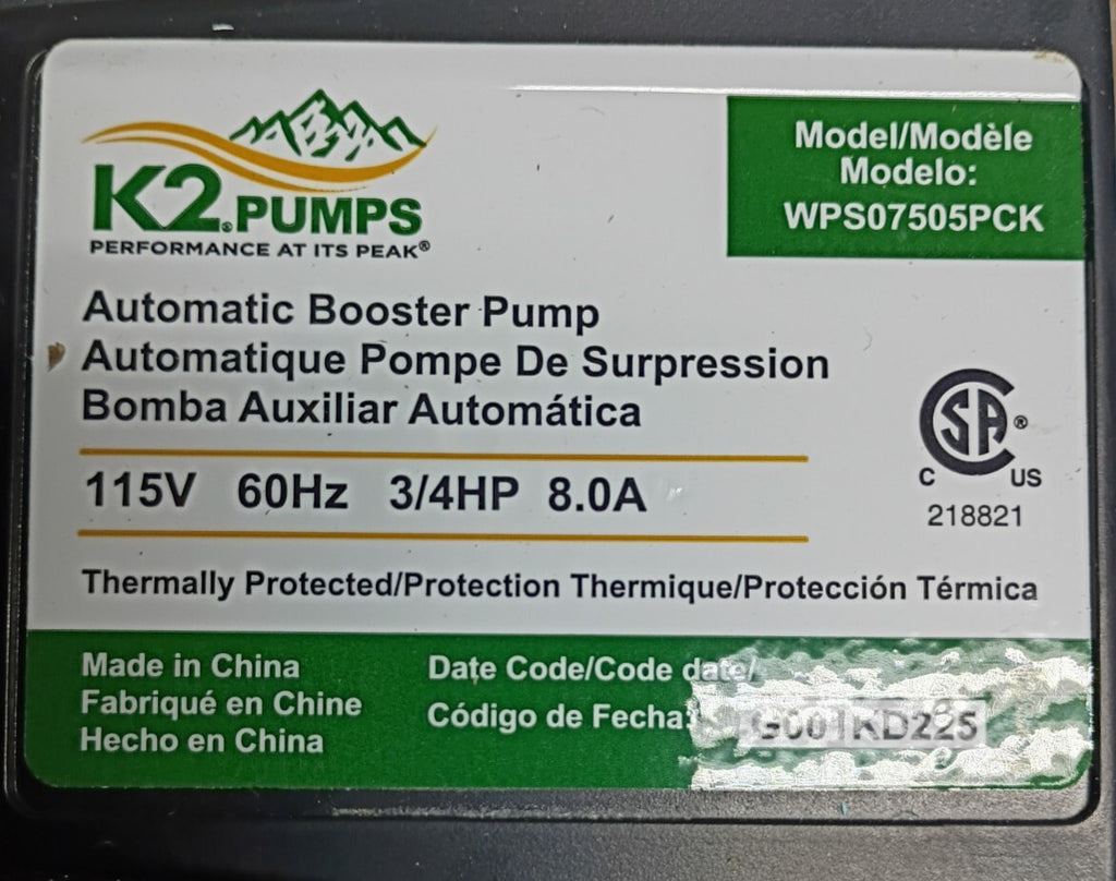 K2 Pumps Automatic Booster Pump 3/4 Hp Lead Free Stainless Steel 115V For Parts