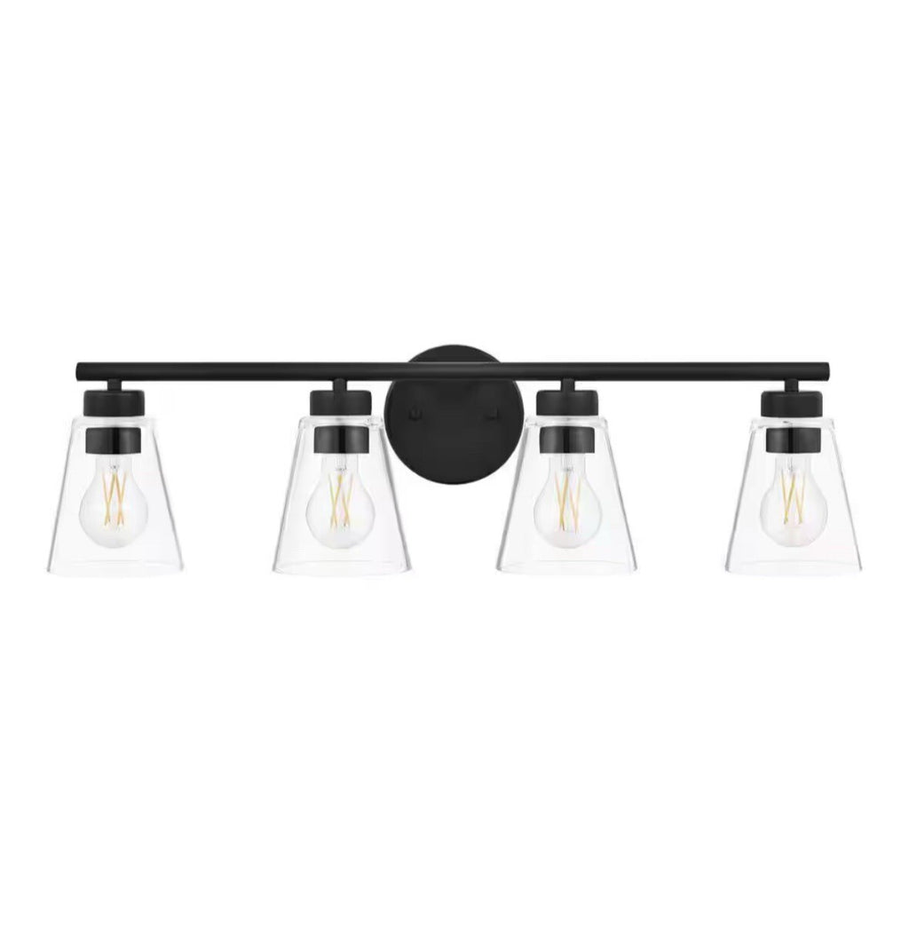 Hampton Bay Eastburn 28.13 in 4-Light Matte Black Vanity Light with Glass Shades