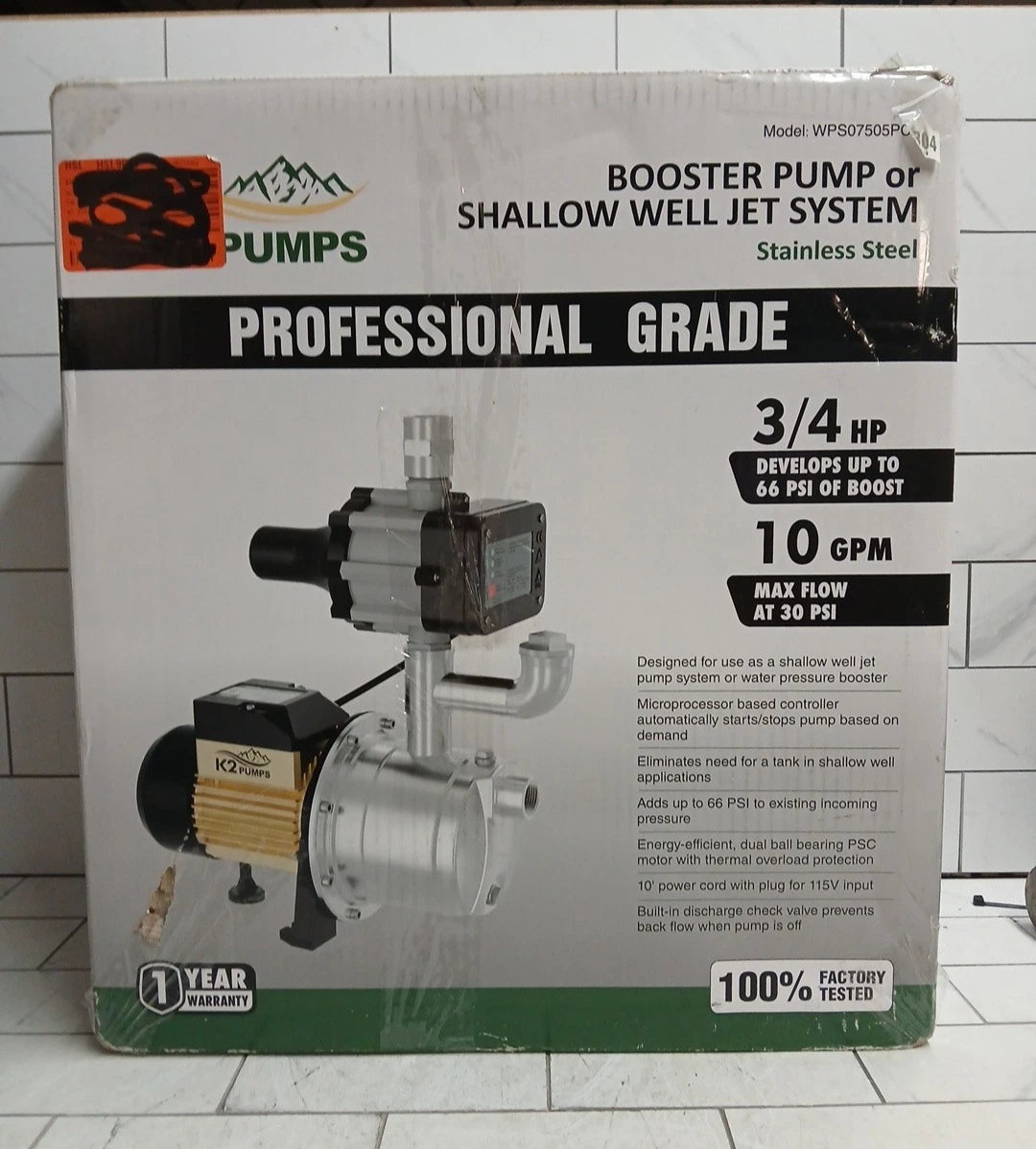 K2 Pumps Automatic Booster Pump 3/4 Hp Lead Free Stainless Steel 115V Open Box