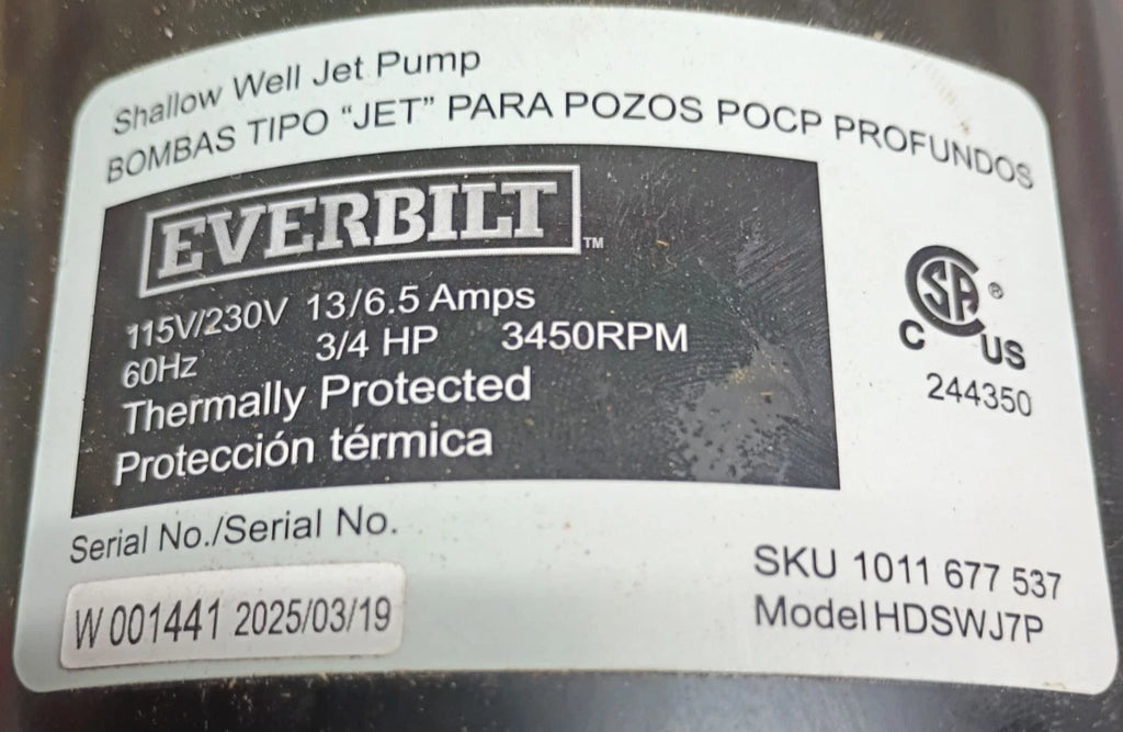 HDSWJ7P Everbilt Shallow Well Jet Pump Plastic 3/4HP For Parts READ