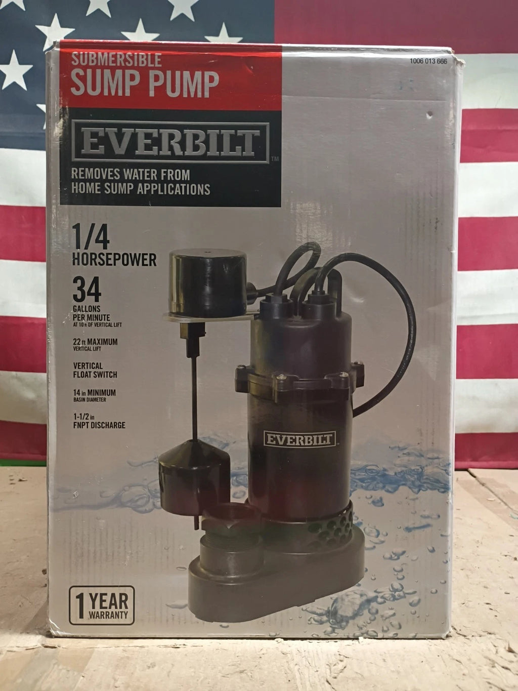 Everbilt HDSP25V 1/4 HP Submersible Sump Pump Thermoplastic, Open Box.