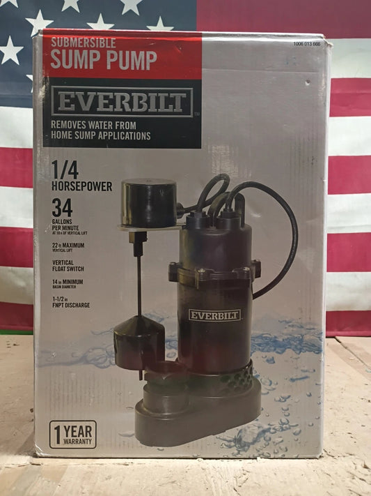 Everbilt HDSP25V 1/4 HP Submersible Sump Pump Thermoplastic, Open Box.