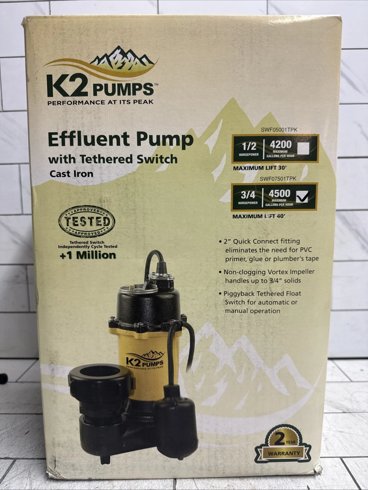 K2 Pumps 3/4HP Heavy-Duty Cast Iron Effluent Septic Pump W/ Tethered Switch NEW