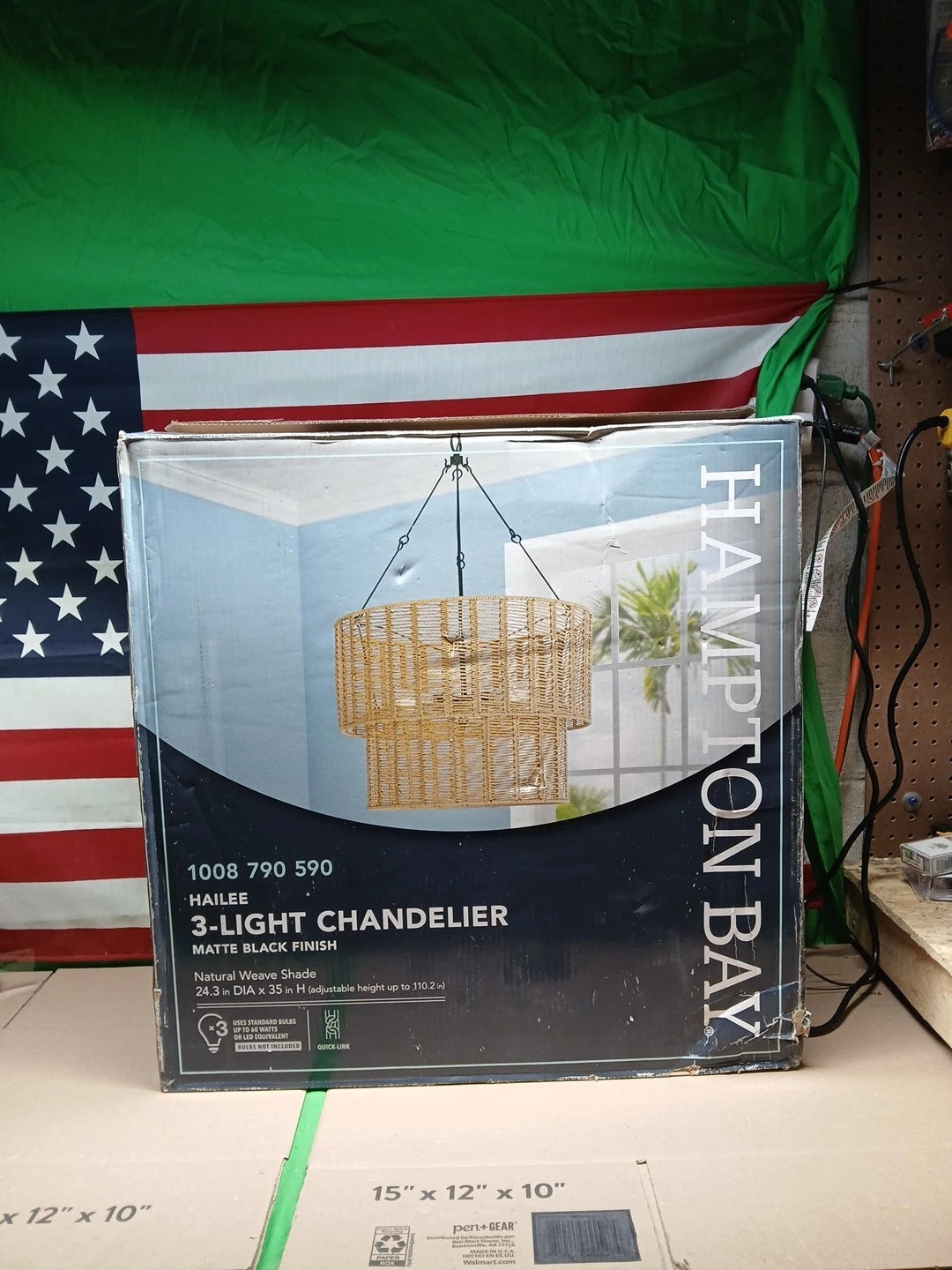 Hampton Bay Hailee 3-Light Basket Hanging Pendant Black Natural Weave Shade