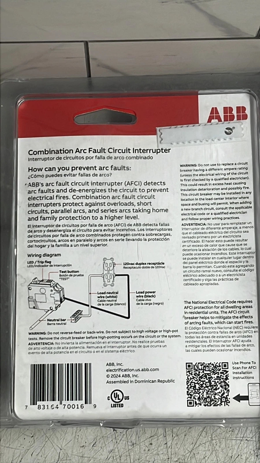 3Pk ABB THQL1120PAF2 Q-line 20A 1-Pole AFCI Plug-On Neutral Circuit Breaker