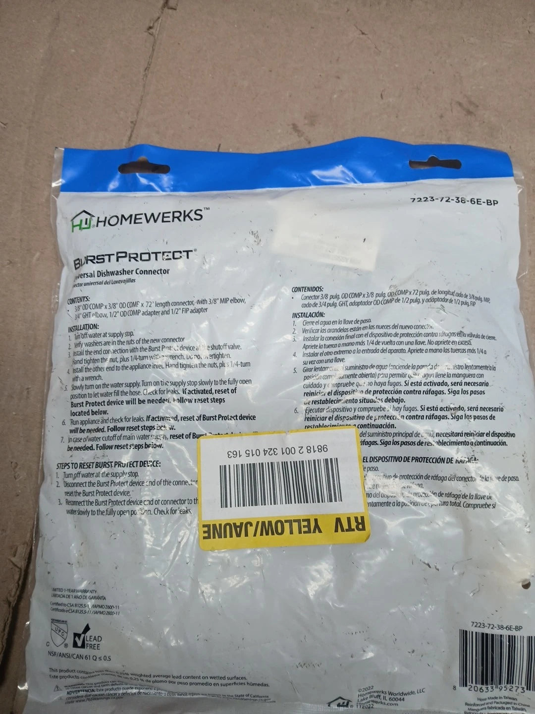 Set OF 2.HomeWerks 6ft Universal SS Dishwasher Supply Line 7223-72-38-6E-BP