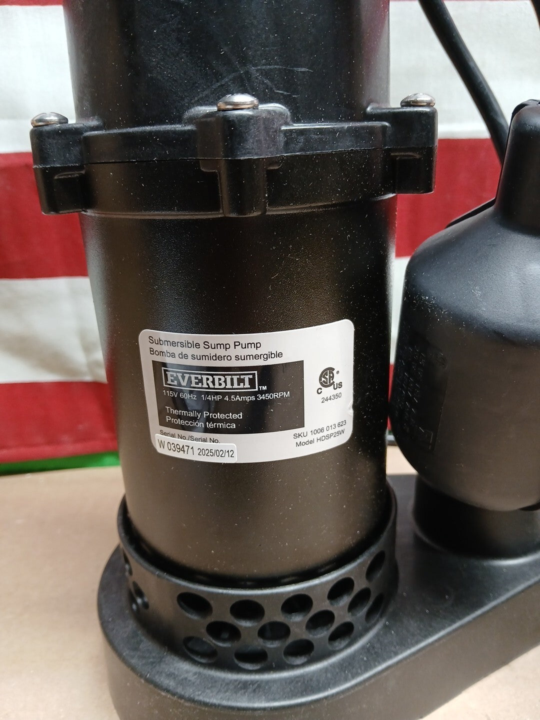 Everbilt 1/4 HP Aluminum Sump Pump w/ Tether Float Switch HDSP25W NEW OPEN BOX.