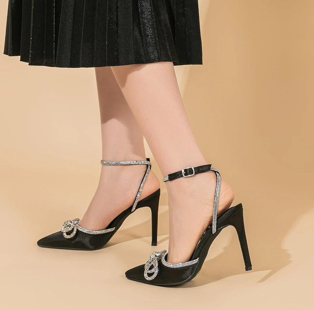 AMOJI women’s Size 6 Stiletto rhinestone high heel 4” pump ankle strap