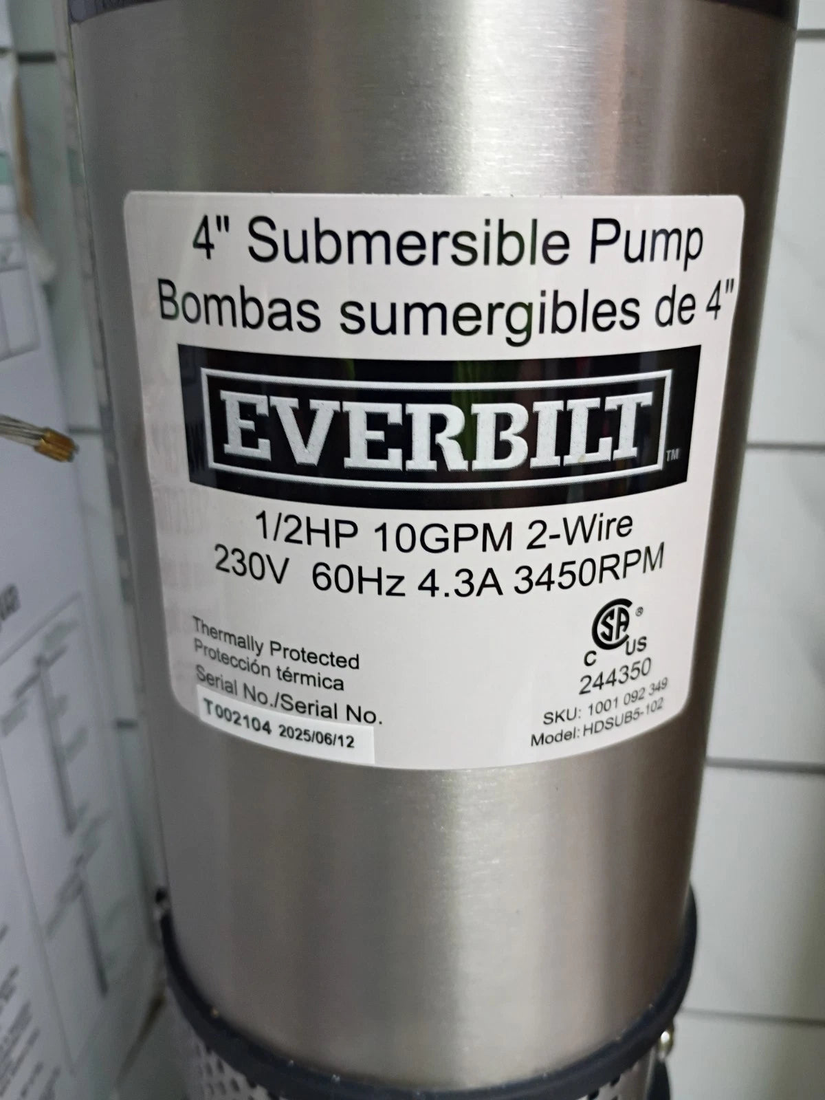 EVERBILT HDSUB5-102 1/2HP Deep Well Pump 4" 130' Submersible 2 Wire 10 GPM