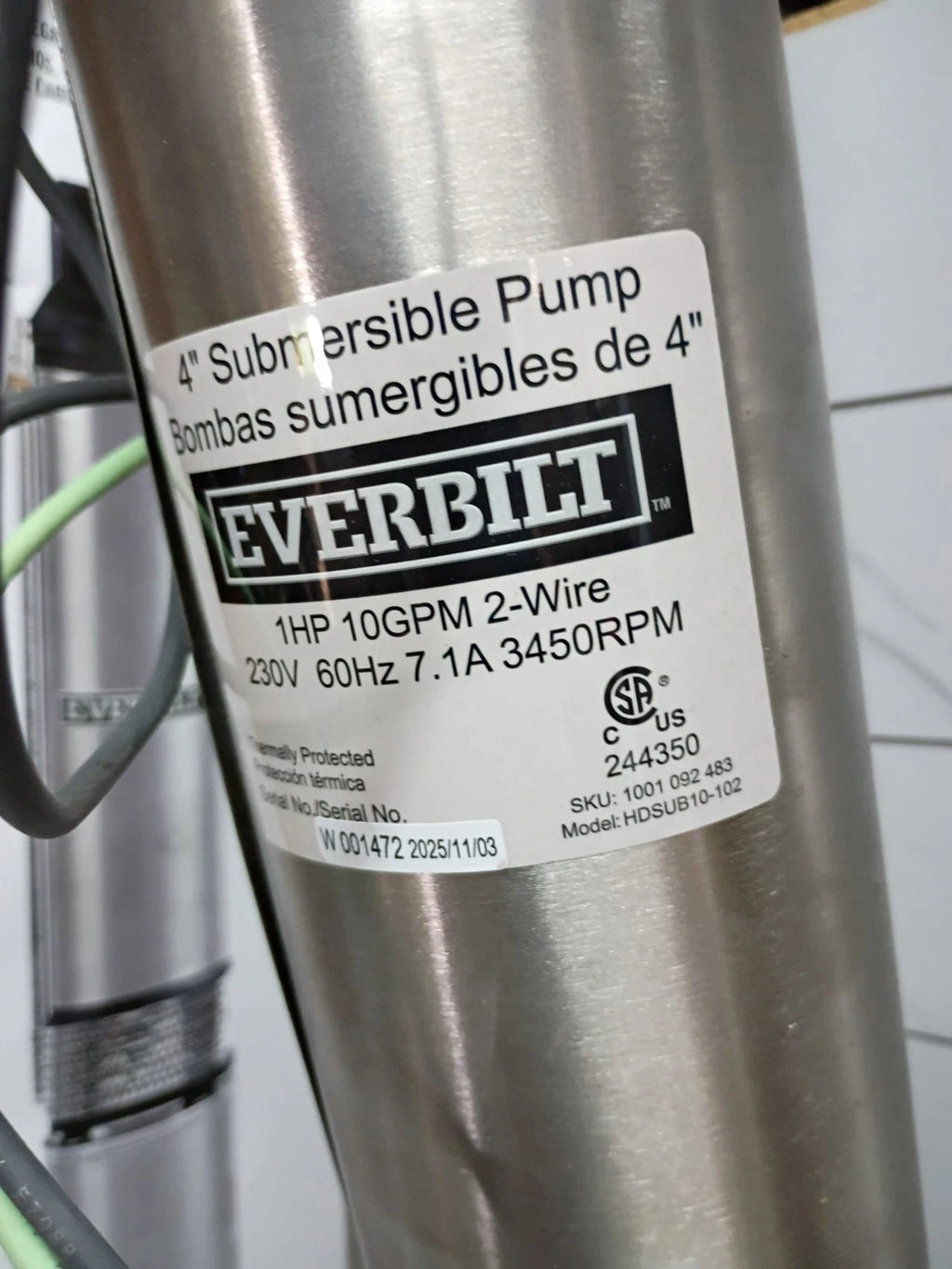 EVERBILT 1 HP HDSUB10-102 Deep Well Pump 4” Submersible 10 GPM 2 Wire OB