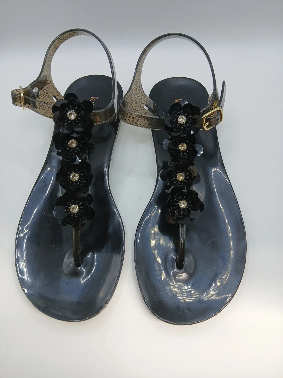 Kate Spade Black Sandals Women Size 6 Thong Style With Flower Detail
