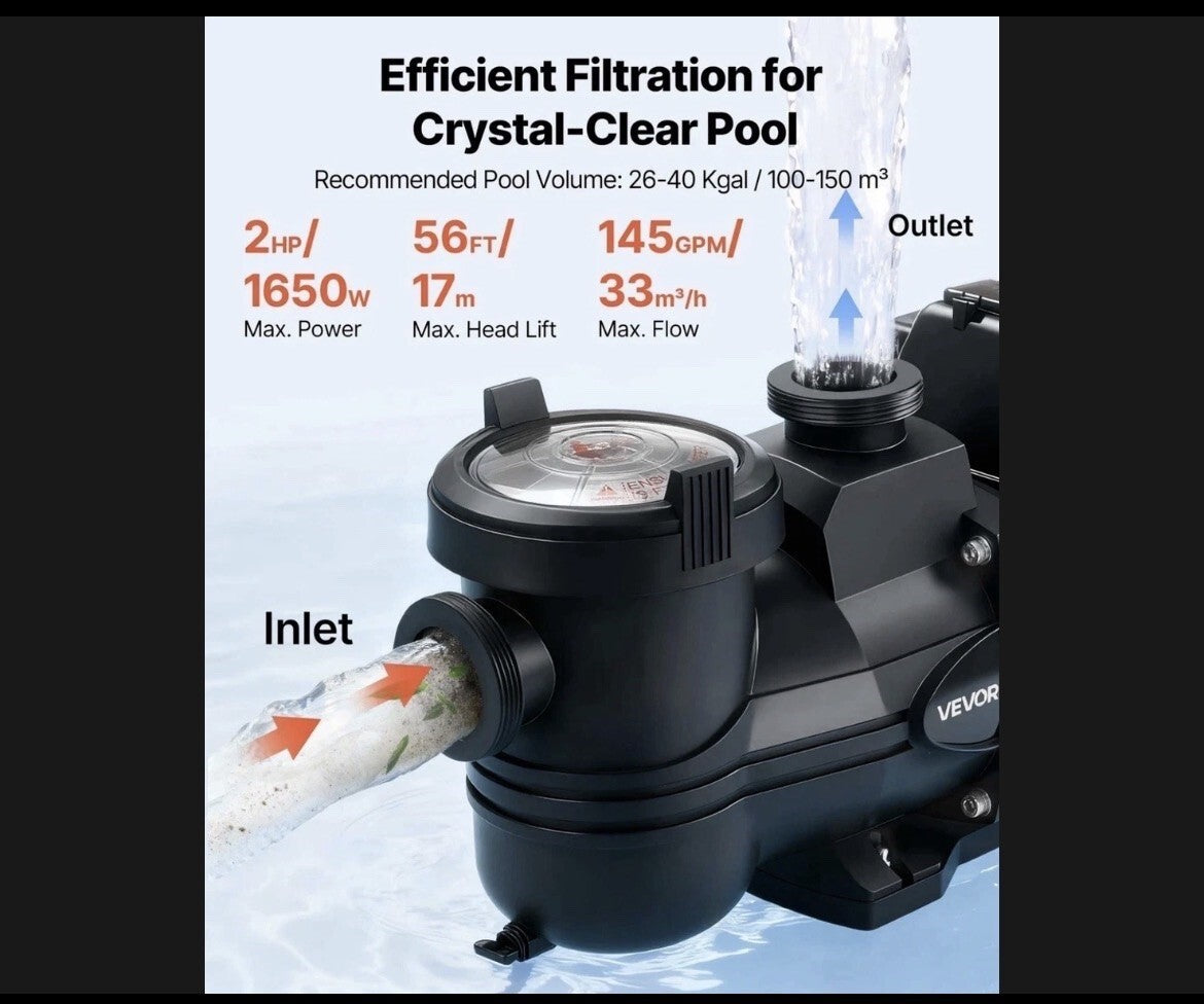 VEVOR Variable Speed Pool Pump 2 HP 220V 145 GPM In/Above Swimming Pool Pump OB