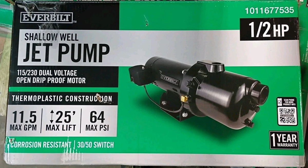 Everbilt HDSWJ5P 1/2 HP Plastic Shallow Well Jet Pump Open Box