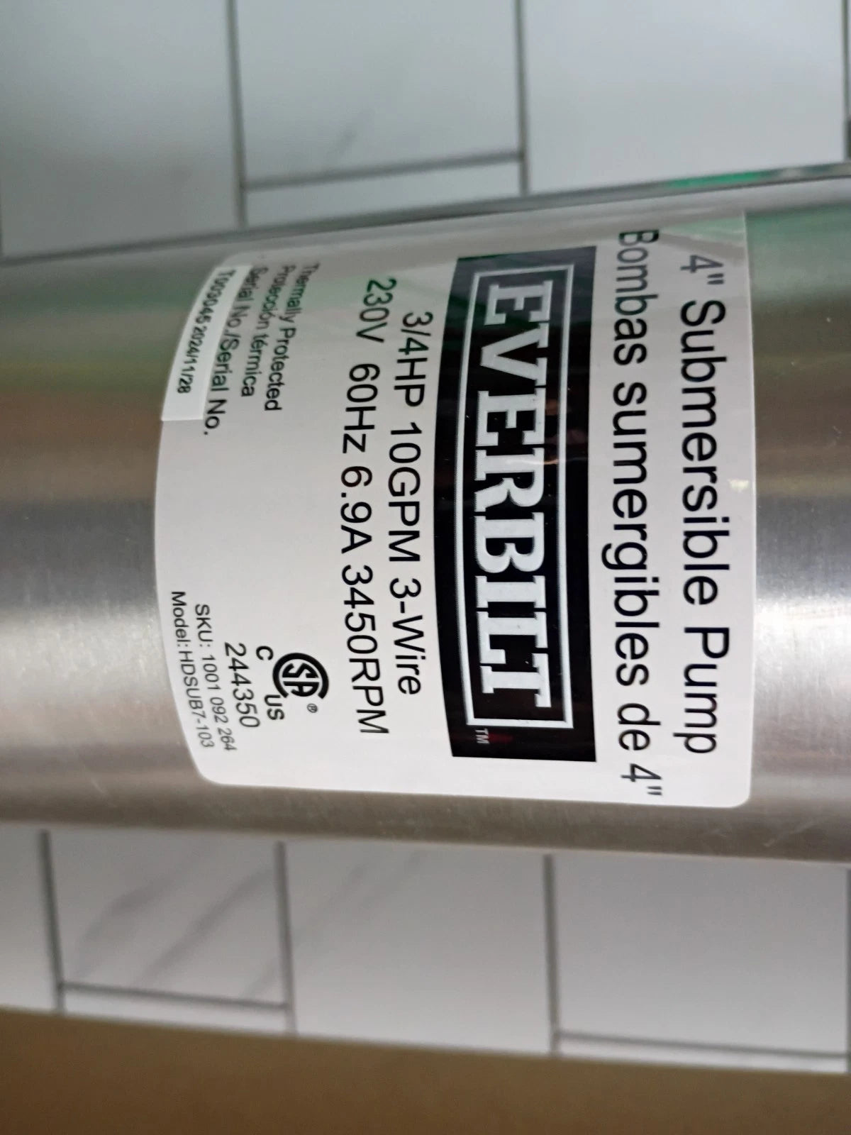 Everbilt 3/4 HP Submersible 3-Wire Motor 10 GPM Deep Well Potable Water Pump OB