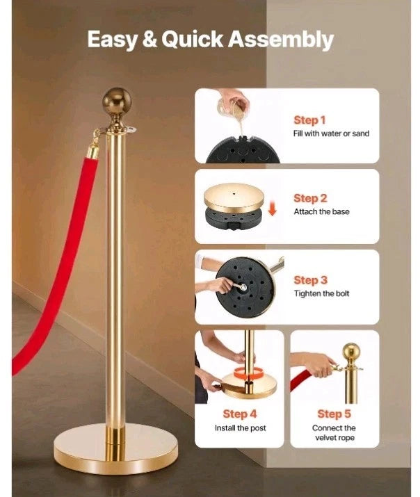 Uimoso 6-Piece Gold Stanchion Set with 6 Velvet Ropes, Hollow Base, Open Box