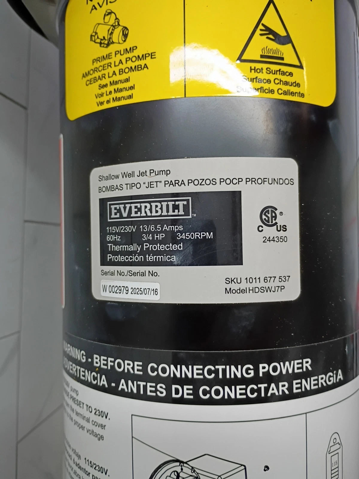 Everbilt HDSWJ7P Shallow Well Jet Pump Plastic 3/4HP ***PARTS ONLY**
