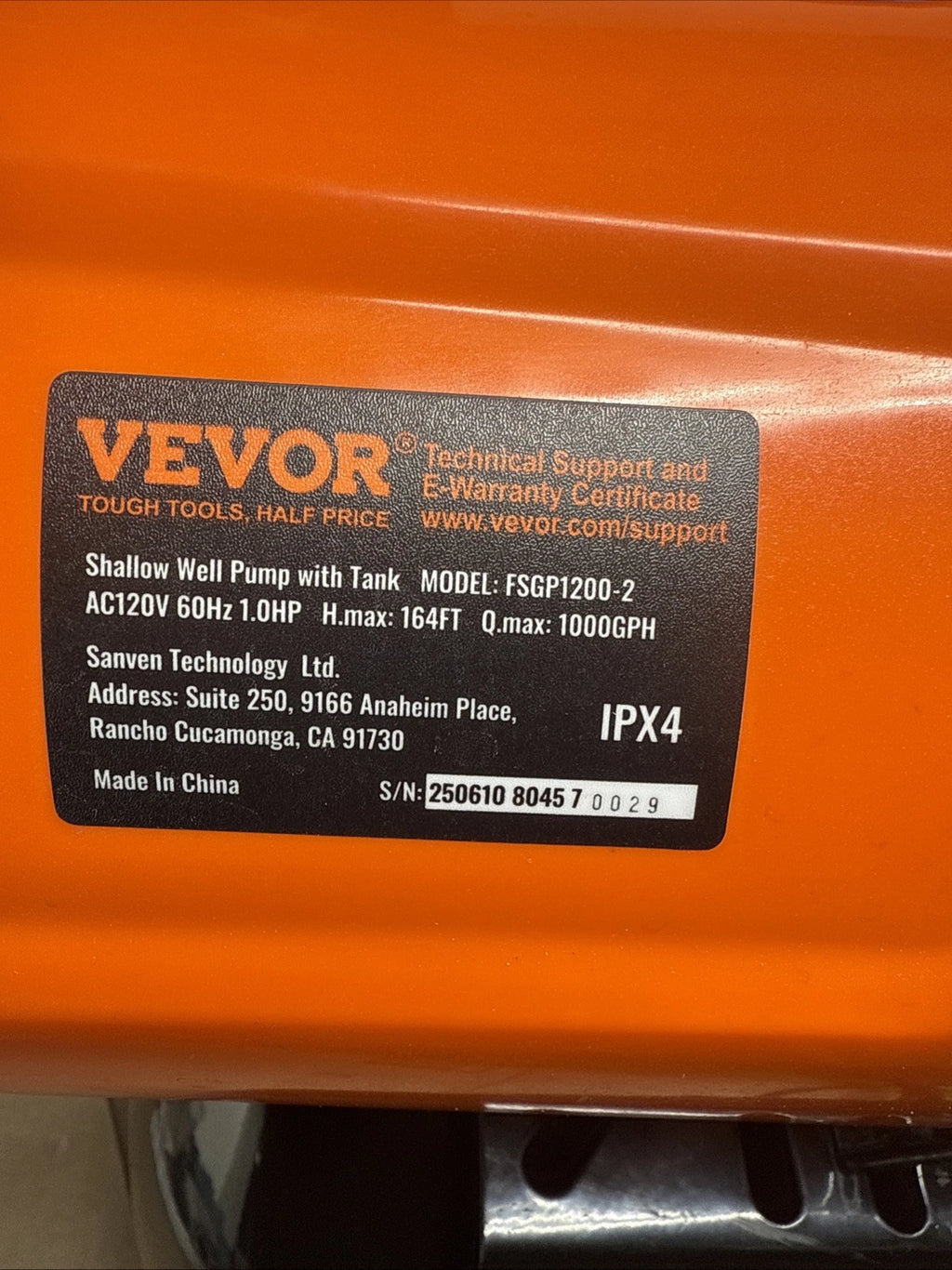 VEVOR 1HP Shallow Well Pump with Pressure Tank 1000GPH Irrigation Booster Pump