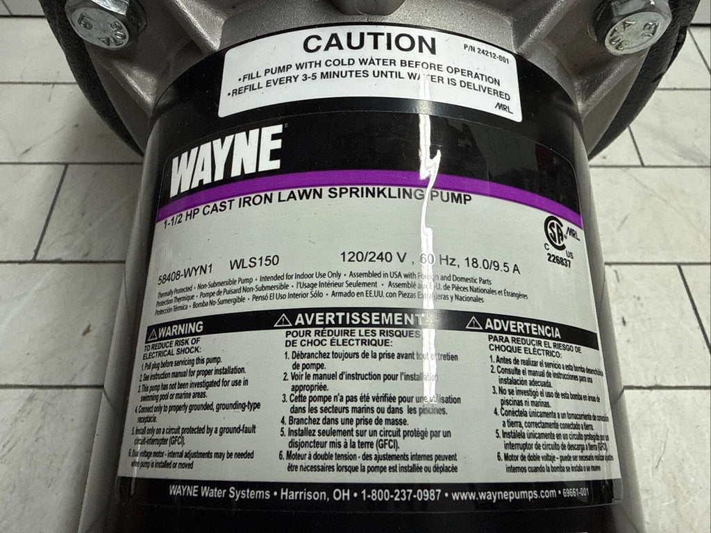 Wayne WLS150 1-1/2 HP Cast Iron Quick-Prime Lawn-irrigation Sprinkler Pump. NOB