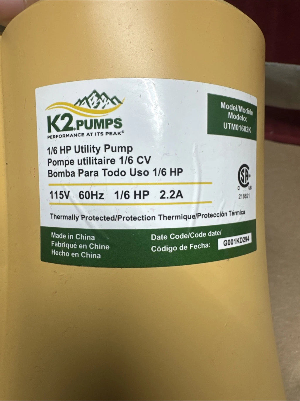 K2 Pumps Submersible Utility Pump 1/6 Hp Thermoplastic UTM01602K