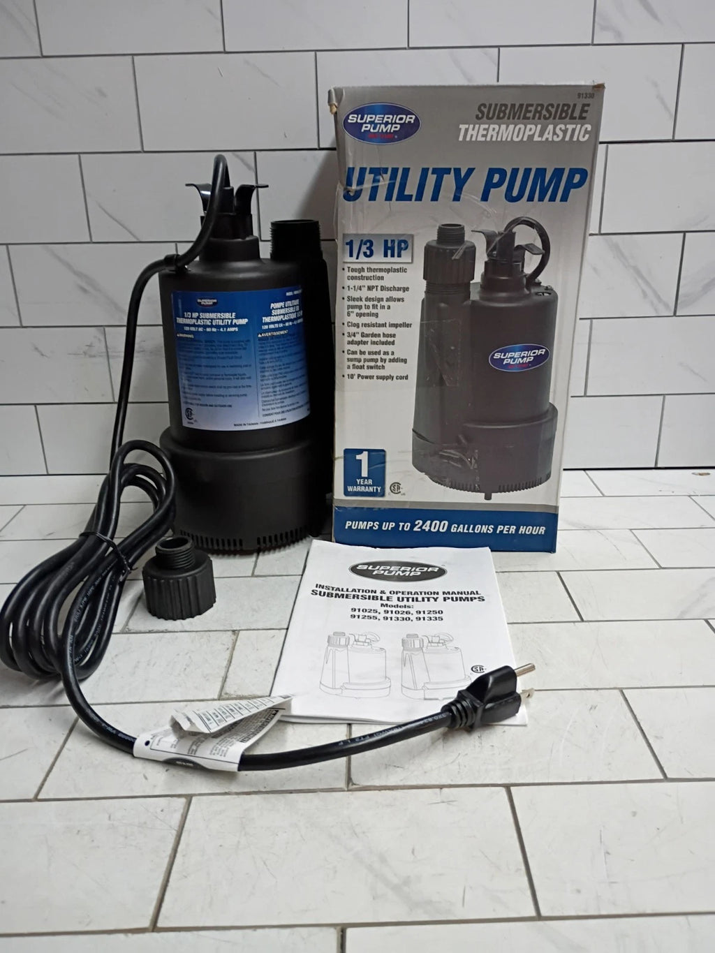 Superior 1/3 HP Submersible Thermoplastic Utility Pump NEW OPEN BOX