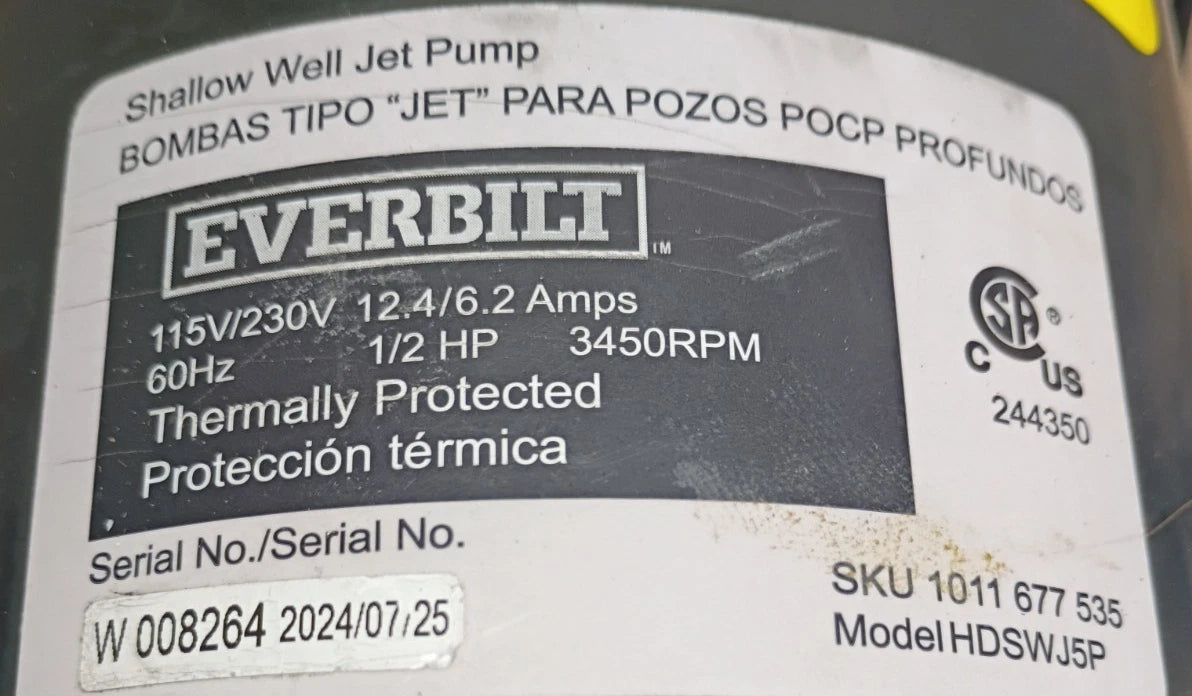 Everbilt 1/2 HP Shallow Well Jet Pump 1011677535 For Parts Only READ