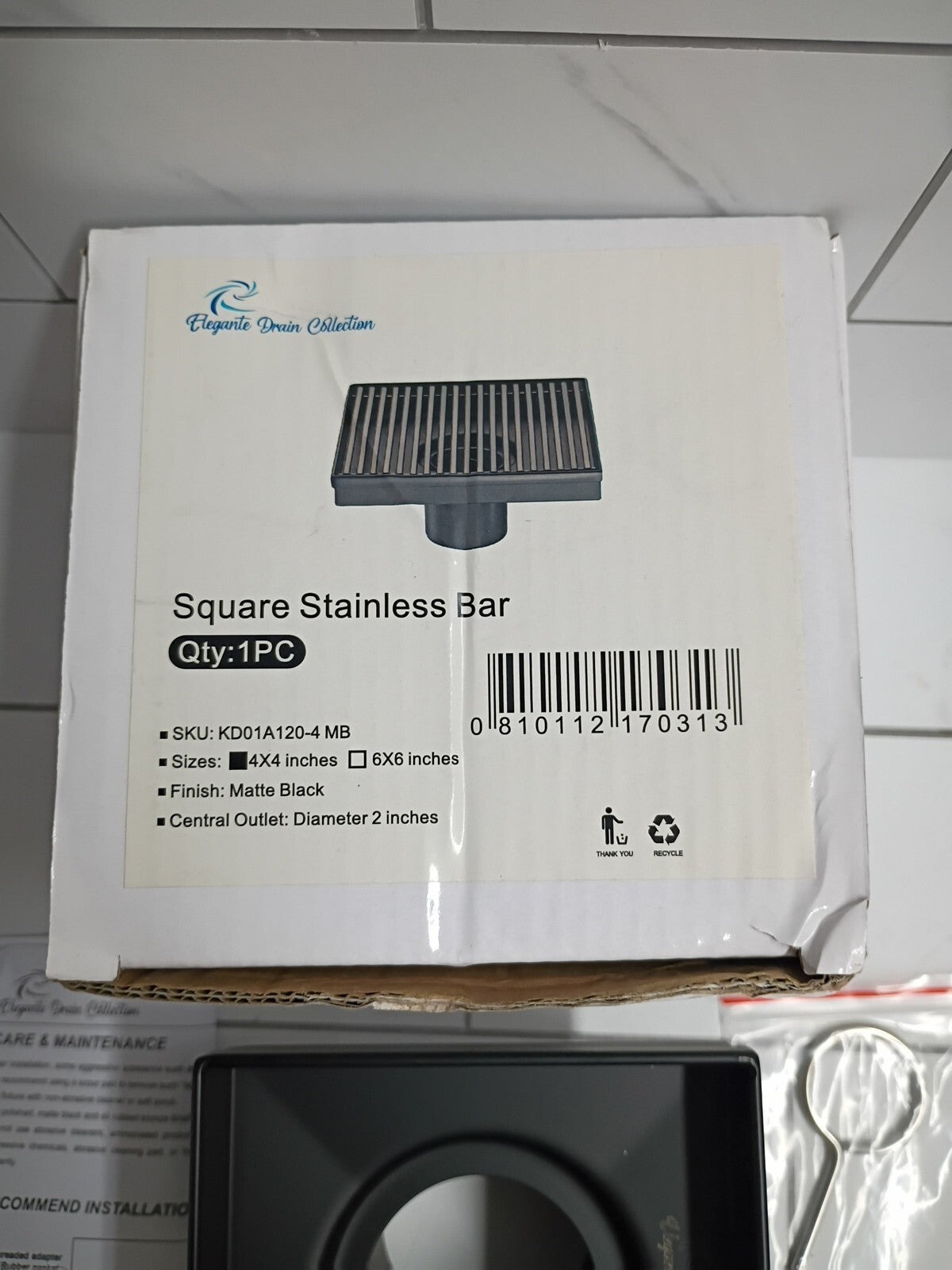 Elegante Drain Collection 4" Sq. matt black Finish Shower Drain w/ Bar Pattern