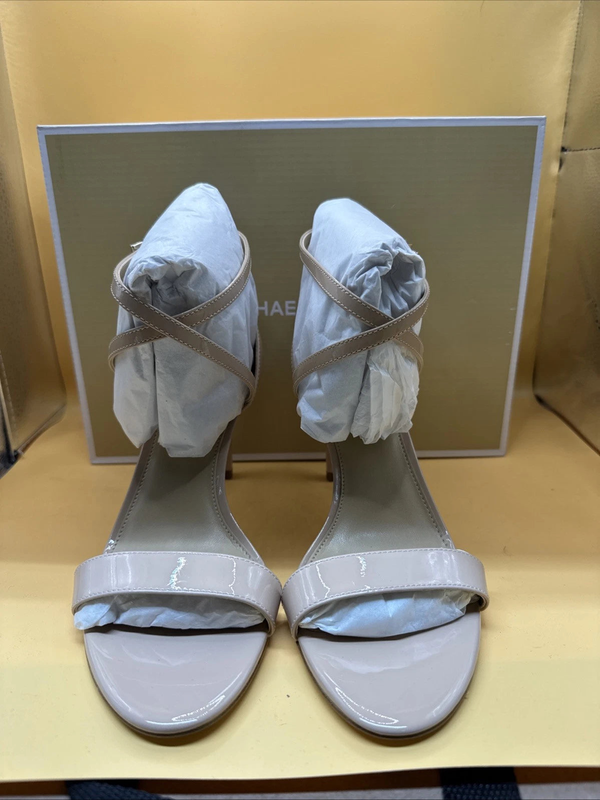 Michael Kors Size 7M Ava Patent Leather Crisscross Ankle Strap Stiletto Sandals