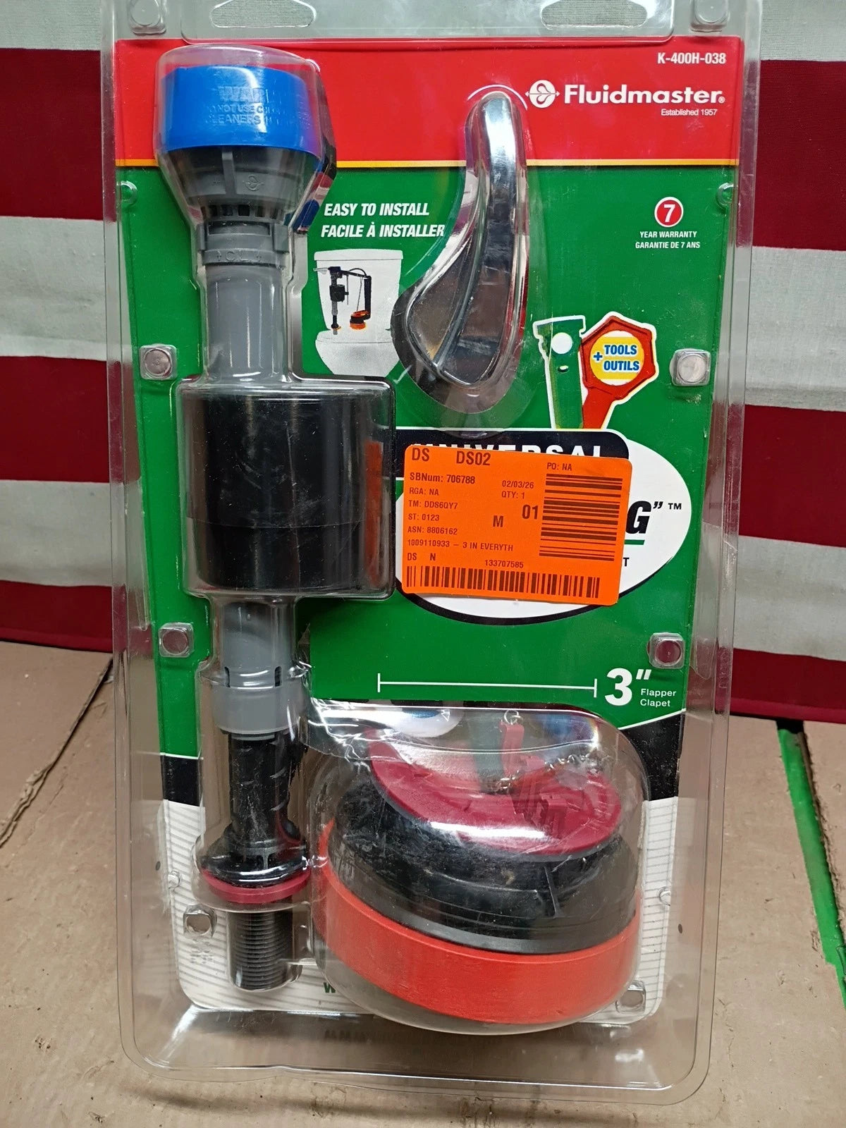 8pk Fluidmaster K-400H-038 Everything Toilet Repair Kit 3" flush valve, OB