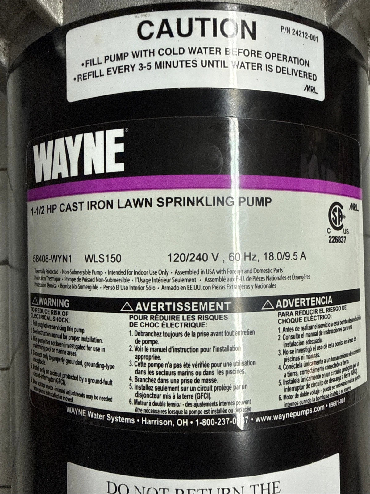 Wayne 1-1/2 HP Cast Iron Quick-Prime Lawn-Sprinkler Pump- Parts Only READ DESCRI