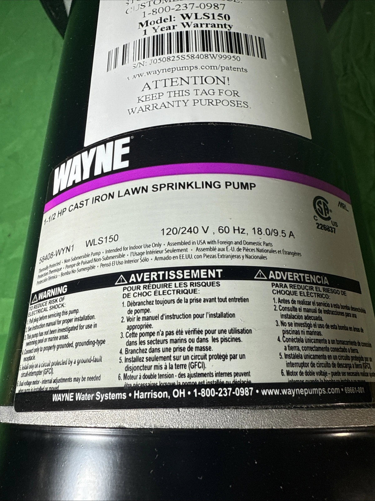 Wayne 1-1/2 HP Cast Iron Quick-Prime Lawn-Sprinkler Pump. NOB